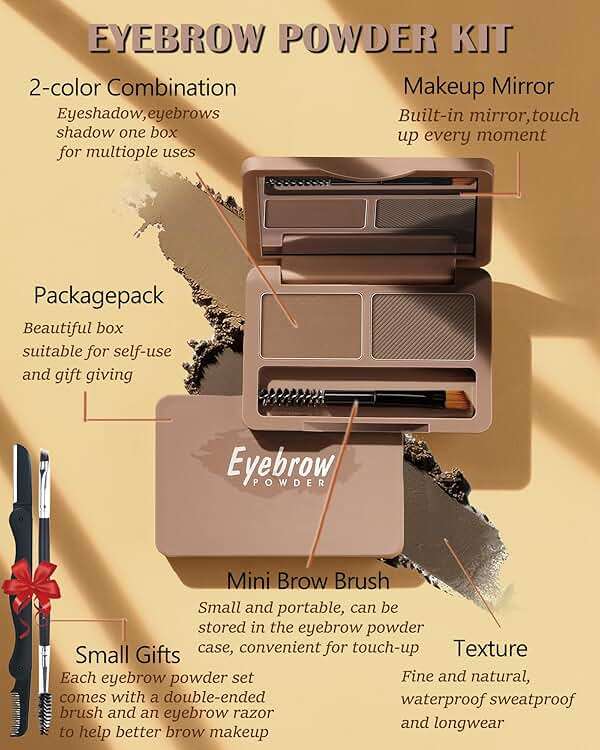 Eyebrow Powder Kit-2 Colors Soft Eye Brow Tinted Powder Palette, Waterproof & Long Lasting Dark/Light Brown Brow Filler, Professional Eyebrow Contour Makeup for Women with Mirror Brow Brush & Razor-1# - Image 3