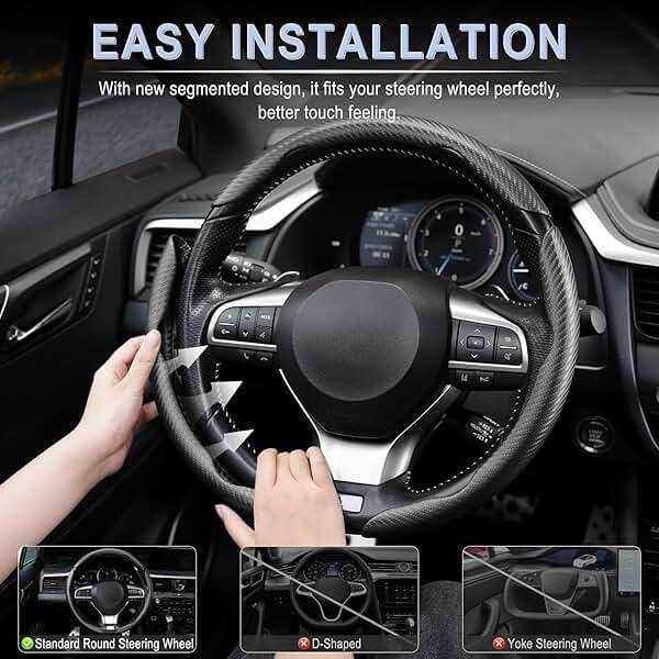 Amiss 3pcs Carbon Fiber Anti-Skid Steering Wheel Cover, Waterproof & Segmented Butterfly Design, Universal 99% Vehicle Wheel Cover Protector, Car Interior Accessories (Black-3pcs) - Image 4