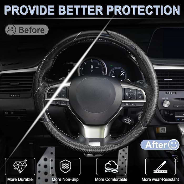 Amiss 3pcs Carbon Fiber Anti-Skid Steering Wheel Cover, Waterproof & Segmented Butterfly Design, Universal 99% Vehicle Wheel Cover Protector, Car Interior Accessories (Black-3pcs) - Image 5