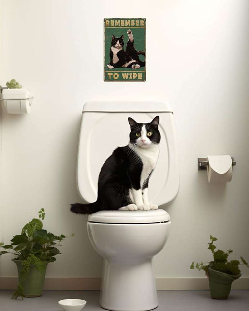 ALKB Bathroom Tuxedo Cat Sign - Remember to Wipe - Cat Lover Gift 8x12 Inch Vintage Metal Sign for Bathroom Decorations - Image 2