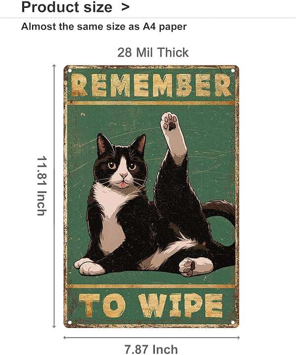 ALKB Bathroom Tuxedo Cat Sign - Remember to Wipe - Cat Lover Gift 8x12 Inch Vintage Metal Sign for Bathroom Decorations - Image 3