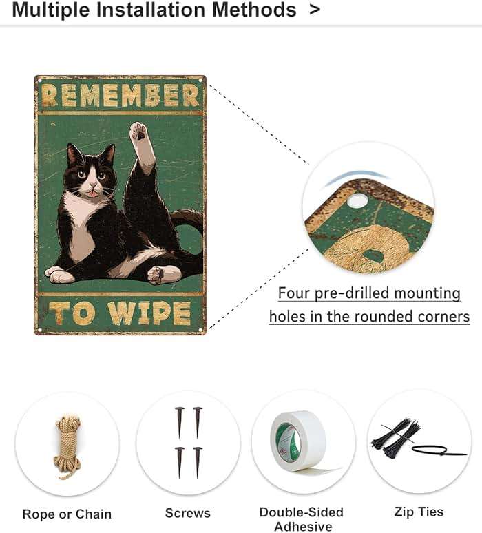 ALKB Bathroom Tuxedo Cat Sign - Remember to Wipe - Cat Lover Gift 8x12 Inch Vintage Metal Sign for Bathroom Decorations - Image 7