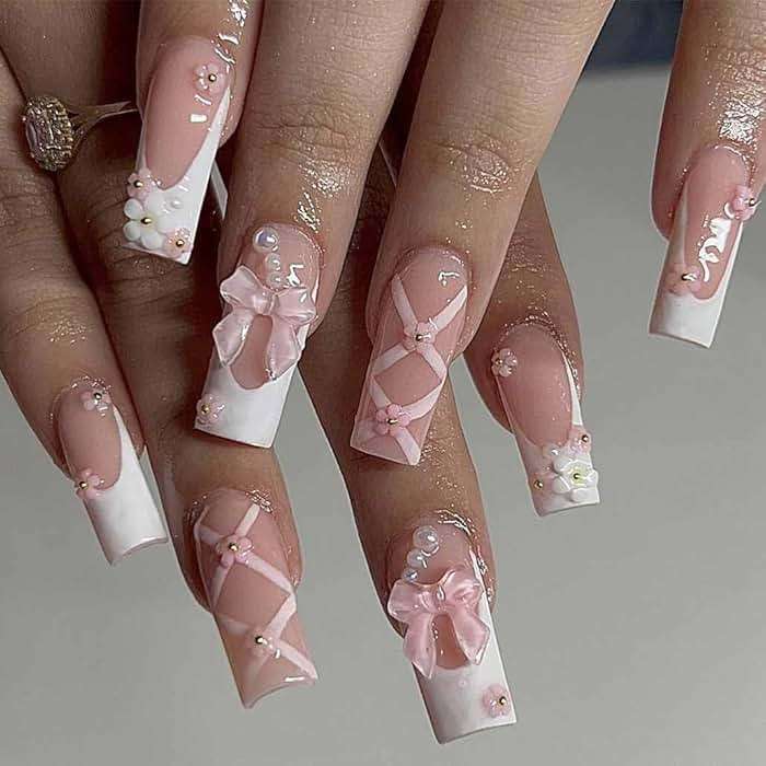 Foccna Press on Nails Medium Long Rhinestone Pink Fake Nails Square Bling Glossy 3D False Nail Tips Artificial Nails Finger Manicure for Women and Girls-24pcs - Image 1