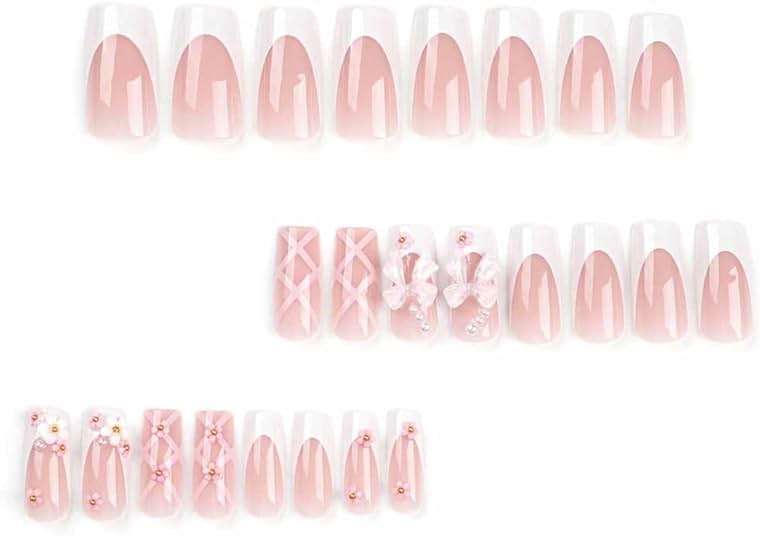 Foccna Press on Nails Medium Long Rhinestone Pink Fake Nails Square Bling Glossy 3D False Nail Tips Artificial Nails Finger Manicure for Women and Girls-24pcs - Image 2