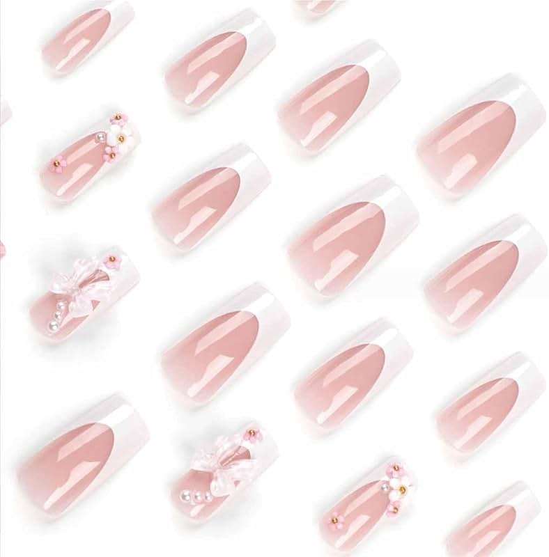 Foccna Press on Nails Medium Long Rhinestone Pink Fake Nails Square Bling Glossy 3D False Nail Tips Artificial Nails Finger Manicure for Women and Girls-24pcs - Image 3
