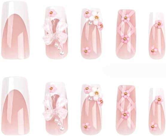 Foccna Press on Nails Medium Long Rhinestone Pink Fake Nails Square Bling Glossy 3D False Nail Tips Artificial Nails Finger Manicure for Women and Girls-24pcs - Image 4