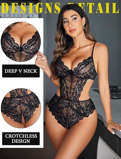 Avidlove Women Lingerie Lace Bodysuit Teddy Lingeries V Neck Cut Out One Piece Mini Babydoll - Image 2