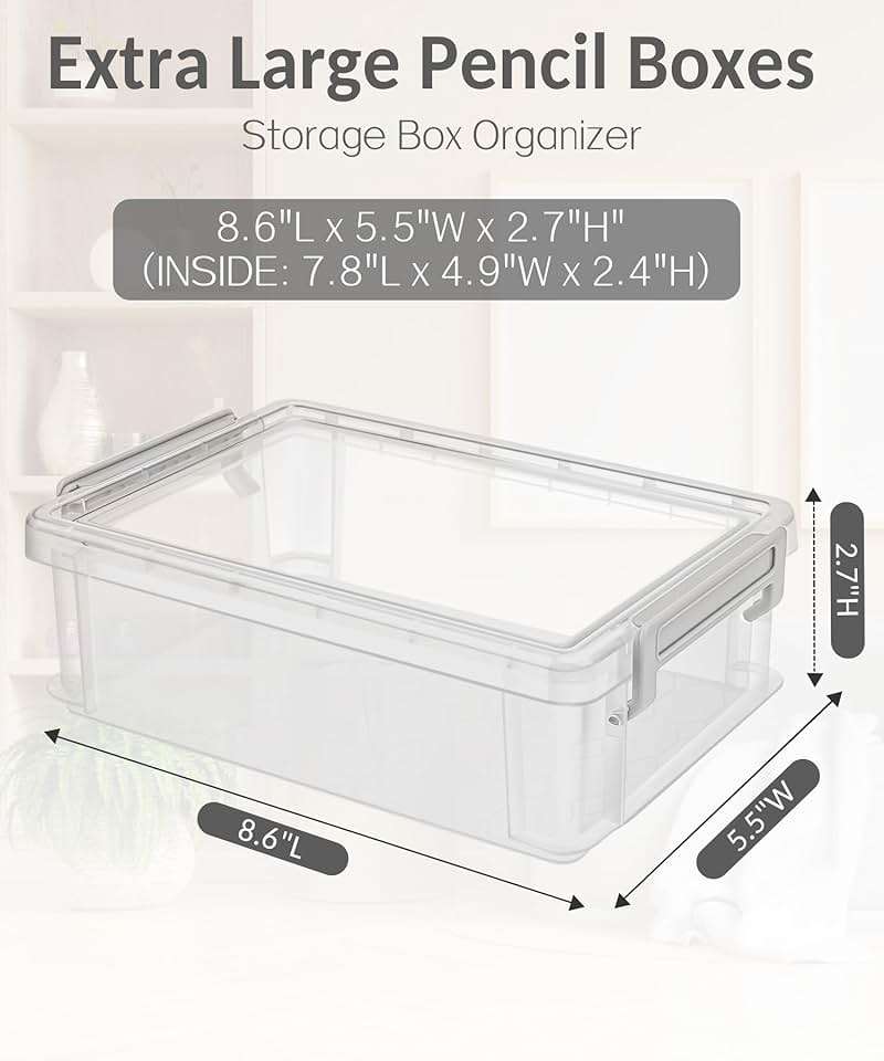 Sooez 6 Pack Extra Large Pencil Box, Plastic Hard Pencil Case Crayon Box Bulk, Clear Marker Organizer Plastic Containers with Lid, Stackable Storage Boxes for Art Craft, Back to School Supplies, Multi - Image 2