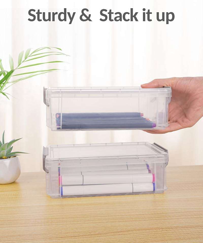 Sooez 6 Pack Extra Large Pencil Box, Plastic Hard Pencil Case Crayon Box Bulk, Clear Marker Organizer Plastic Containers with Lid, Stackable Storage Boxes for Art Craft, Back to School Supplies, Multi - Image 3