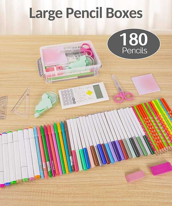 Sooez 6 Pack Extra Large Pencil Box, Plastic Hard Pencil Case Crayon Box Bulk, Clear Marker Organizer Plastic Containers with Lid, Stackable Storage Boxes for Art Craft, Back to School Supplies, Multi - Image 4