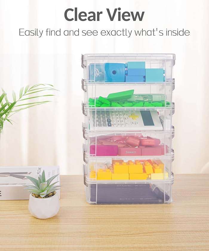 Sooez 6 Pack Extra Large Pencil Box, Plastic Hard Pencil Case Crayon Box Bulk, Clear Marker Organizer Plastic Containers with Lid, Stackable Storage Boxes for Art Craft, Back to School Supplies, Multi - Image 5