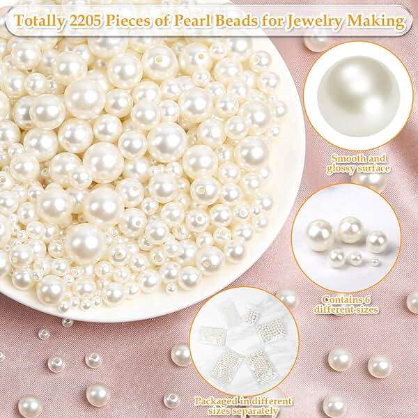 Anezus 2205Pcs Pearls for Craft, Assorted Sizes Fake Pearl Beads, Sew on Pearls, Bulk Loose Pearl Beads with Holes for Jewelry Making, Bracelets, Necklaces, Hairs, Decoration, Vase Filler - Image 3