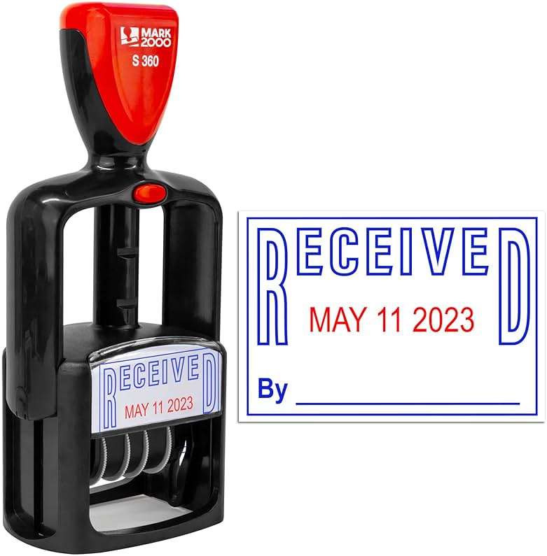 Mark 2000 Self-Inking Rubber Date Office Stamp with Received Phrase - Blue Ink & Date Red Ink - 12-Year Band - Image 1