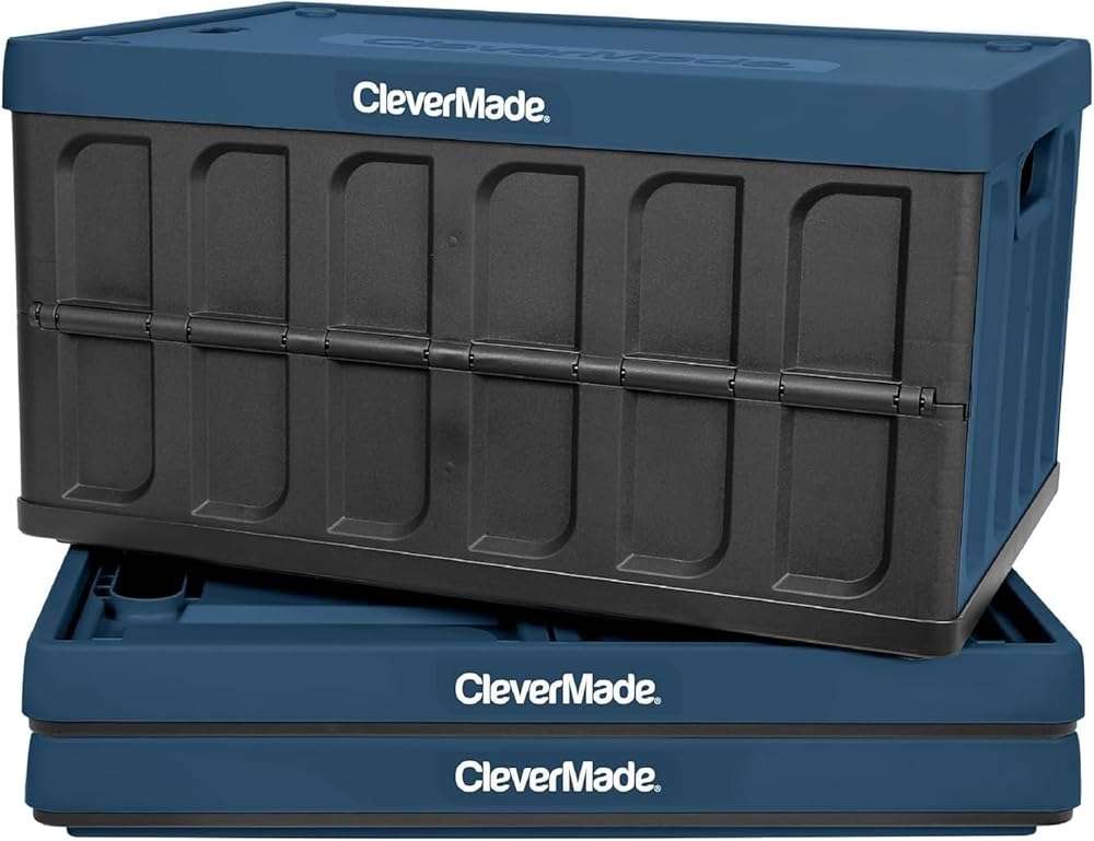 CleverMade Collapsible Storage Bins with Lids (46L, 3 Pack) – Stackable Foldable Plastic Storage Crates for Home, Closet & Trunk Organization - Ocean - Image 1