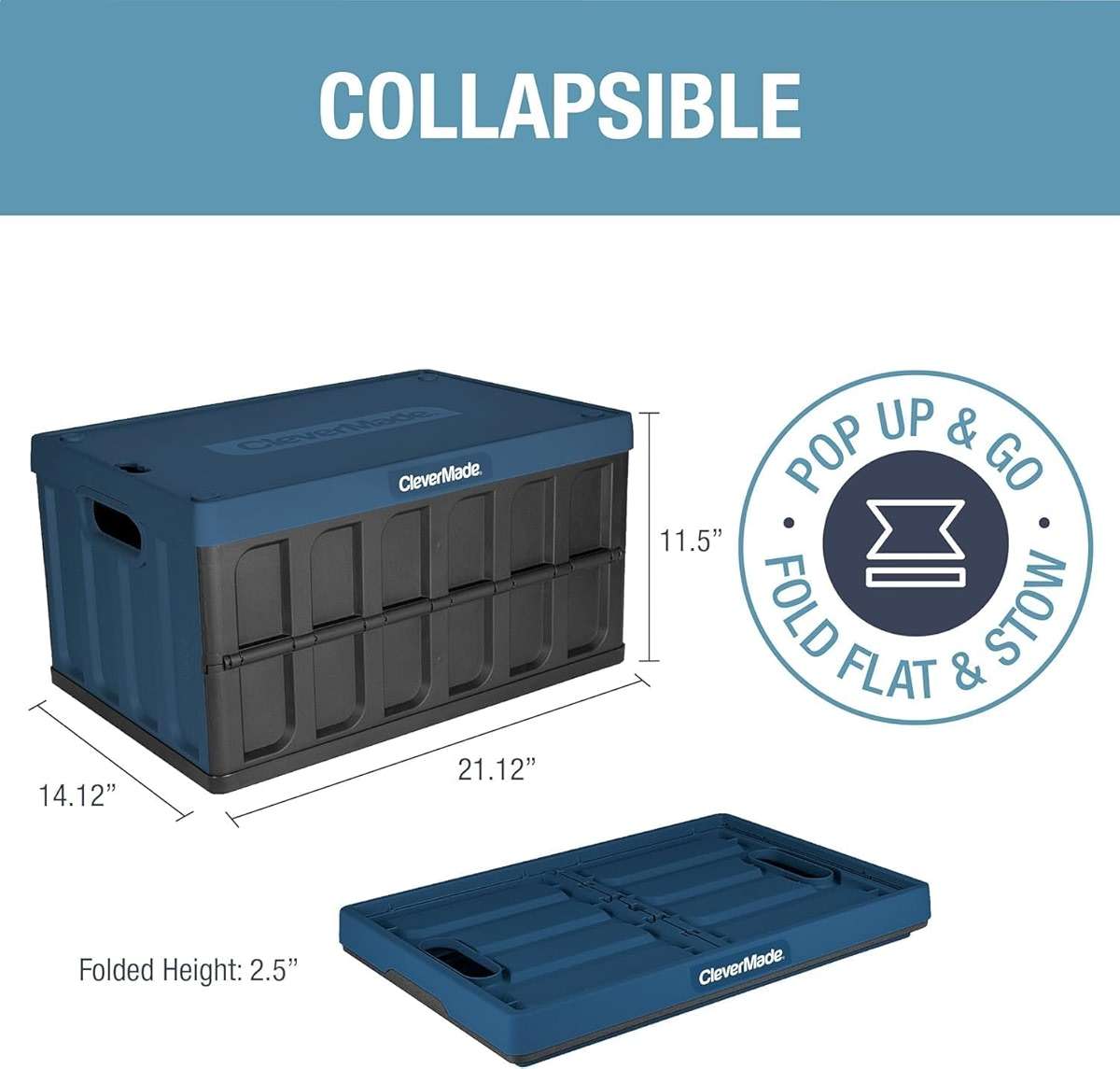 CleverMade Collapsible Storage Bins with Lids (46L, 3 Pack) – Stackable Foldable Plastic Storage Crates for Home, Closet & Trunk Organization - Ocean - Image 2