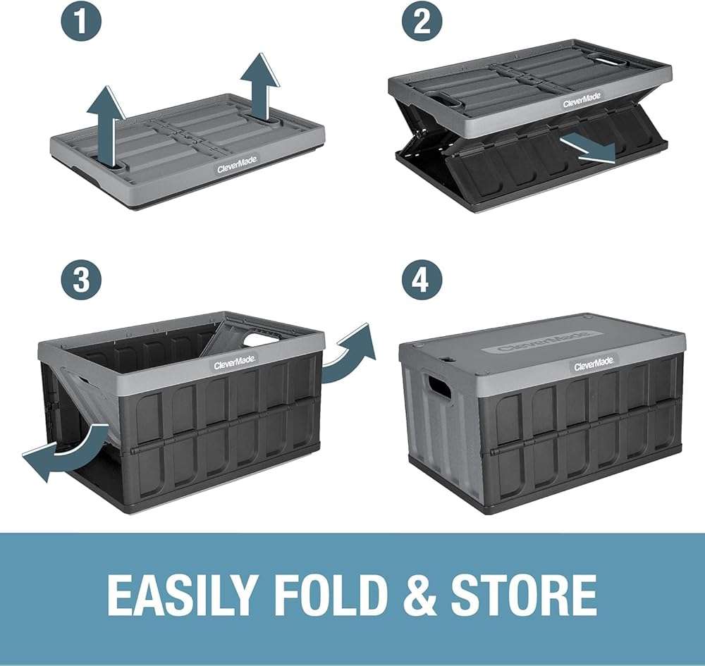 CleverMade Collapsible Storage Bins with Lids (46L, 3 Pack) – Stackable Foldable Plastic Storage Crates for Home, Closet & Trunk Organization - Ocean - Image 3