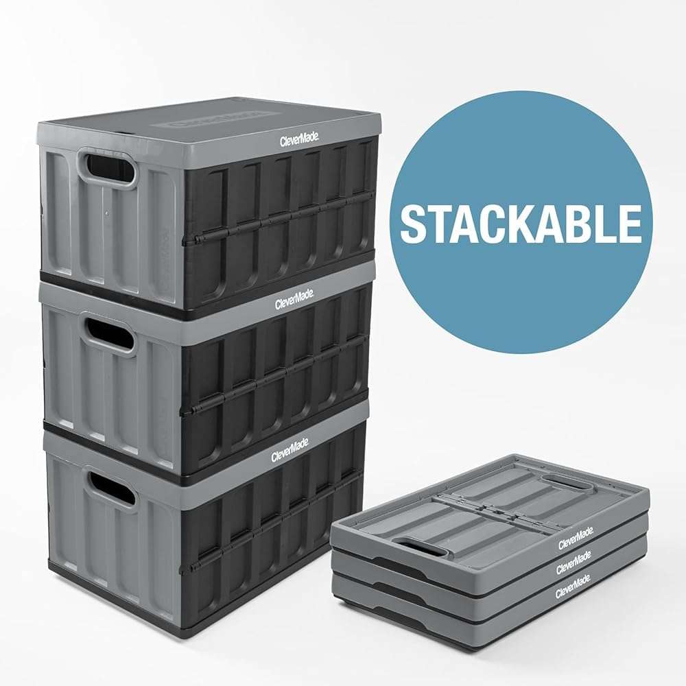 CleverMade Collapsible Storage Bins with Lids (46L, 3 Pack) – Stackable Foldable Plastic Storage Crates for Home, Closet & Trunk Organization - Ocean - Image 5