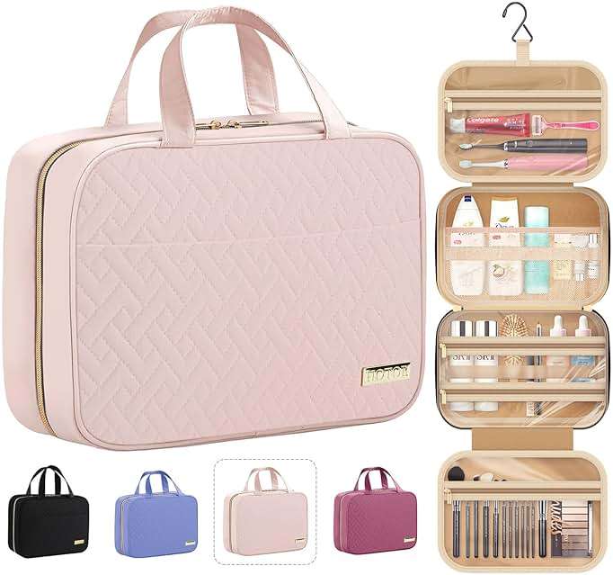 HOTOR Travel Toiletry Bag - Hanging Toiletry Bag for Women & Men, Makeup Bag/Big Comparment, Waterproof for Travel Accessories, Travel Essentials, Medium, Pale Pink - Image 1