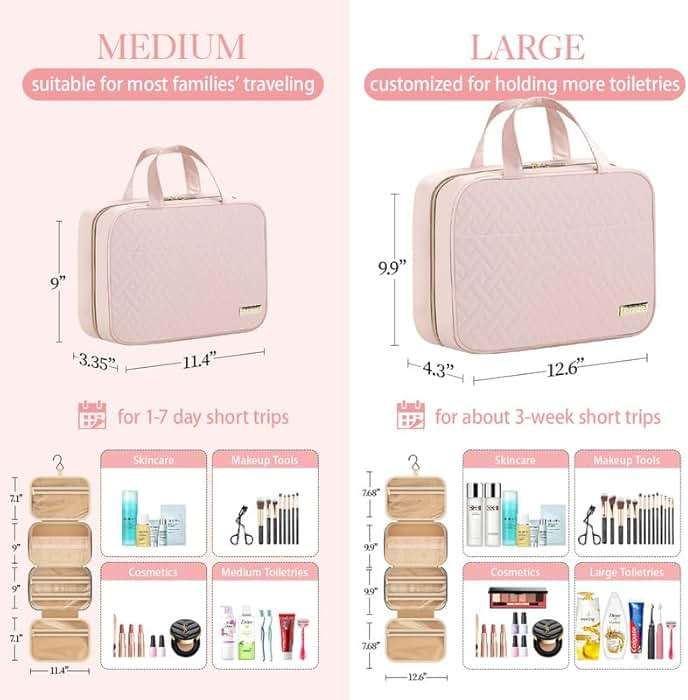 HOTOR Travel Toiletry Bag - Hanging Toiletry Bag for Women & Men, Makeup Bag/Big Comparment, Waterproof for Travel Accessories, Travel Essentials, Medium, Pale Pink - Image 3
