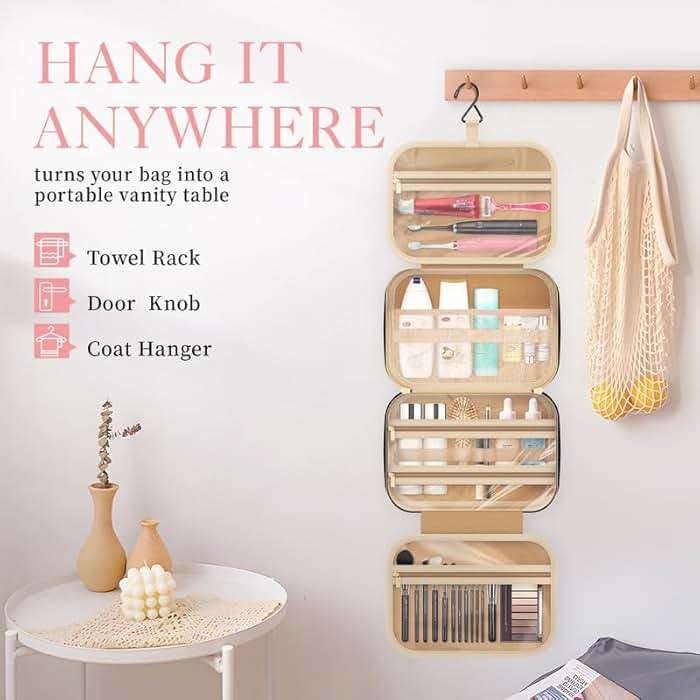 HOTOR Travel Toiletry Bag - Hanging Toiletry Bag for Women & Men, Makeup Bag/Big Comparment, Waterproof for Travel Accessories, Travel Essentials, Medium, Pale Pink - Image 5