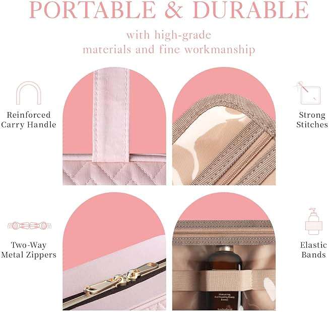 HOTOR Travel Toiletry Bag - Hanging Toiletry Bag for Women & Men, Makeup Bag/Big Comparment, Waterproof for Travel Accessories, Travel Essentials, Medium, Pale Pink - Image 7