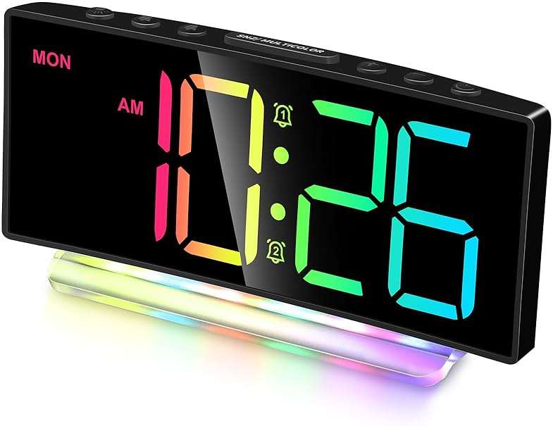 Cadmos Digital Alarm Clock - Extra Loud for Heavy Sleepers Adults Teens Kids, Rainbow Bedside Clock for Bedrooms, Large Display, 7 Color Night Light, Weekday & Weekend, 12/24h (Black+Dynamic) - Image 1