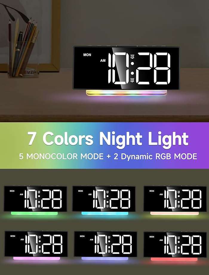Cadmos Digital Alarm Clock - Extra Loud for Heavy Sleepers Adults Teens Kids, Rainbow Bedside Clock for Bedrooms, Large Display, 7 Color Night Light, Weekday & Weekend, 12/24h (Black+Dynamic) - Image 3