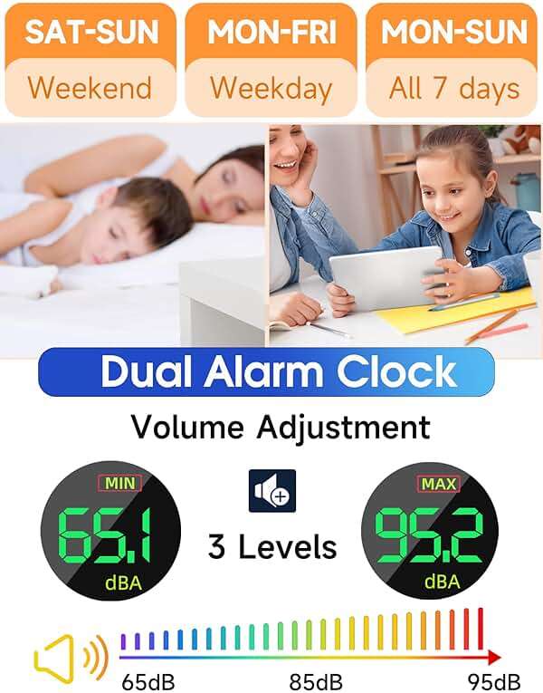 Cadmos Digital Alarm Clock - Extra Loud for Heavy Sleepers Adults Teens Kids, Rainbow Bedside Clock for Bedrooms, Large Display, 7 Color Night Light, Weekday & Weekend, 12/24h (Black+Dynamic) - Image 4