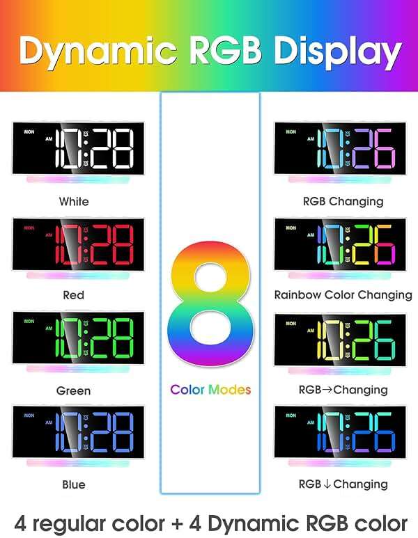 Cadmos Digital Alarm Clock - Extra Loud for Heavy Sleepers Adults Teens Kids, Rainbow Bedside Clock for Bedrooms, Large Display, 7 Color Night Light, Weekday & Weekend, 12/24h (Black+Dynamic) - Image 5