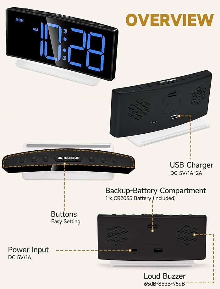 Cadmos Digital Alarm Clock - Extra Loud for Heavy Sleepers Adults Teens Kids, Rainbow Bedside Clock for Bedrooms, Large Display, 7 Color Night Light, Weekday & Weekend, 12/24h (Black+Dynamic) - Image 6