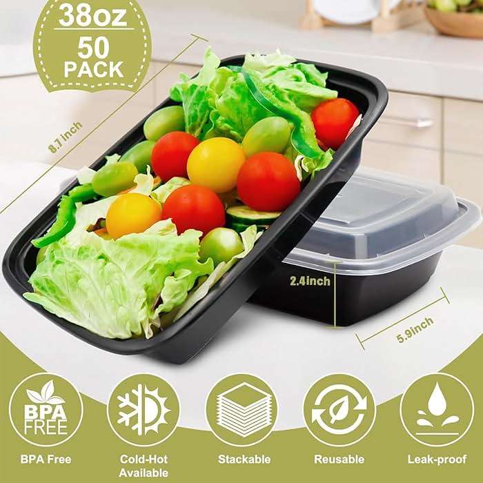 kkyvvy Meal Prep Containers 38oz 50 Pack Plastic To Go Food Containers, Disposable To Go Containers with Lids BPA Free, Microwave/Dishwasher/Freezer Safe - Image 3