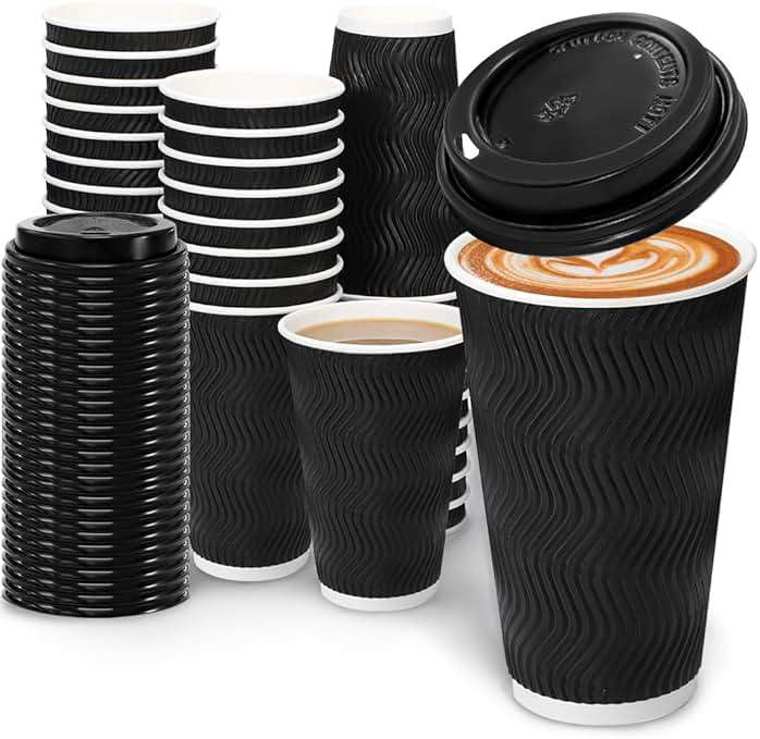 BYSNOW 100 Pack 16 oz Coffee Cups with Lids, Disposable Insulated Hot Cups To Go Paper Coffee Cups, Corrugated Ripple Wall Cup for Hot Drink, Office, Coffee Bar (Black 16 oz) - Image 1
