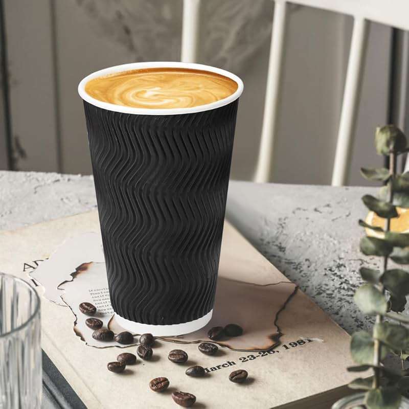 BYSNOW 100 Pack 16 oz Coffee Cups with Lids, Disposable Insulated Hot Cups To Go Paper Coffee Cups, Corrugated Ripple Wall Cup for Hot Drink, Office, Coffee Bar (Black 16 oz) - Image 2