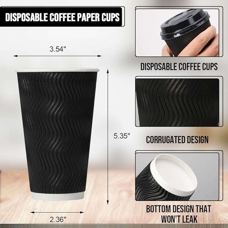 BYSNOW 100 Pack 16 oz Coffee Cups with Lids, Disposable Insulated Hot Cups To Go Paper Coffee Cups, Corrugated Ripple Wall Cup for Hot Drink, Office, Coffee Bar (Black 16 oz) - Image 3