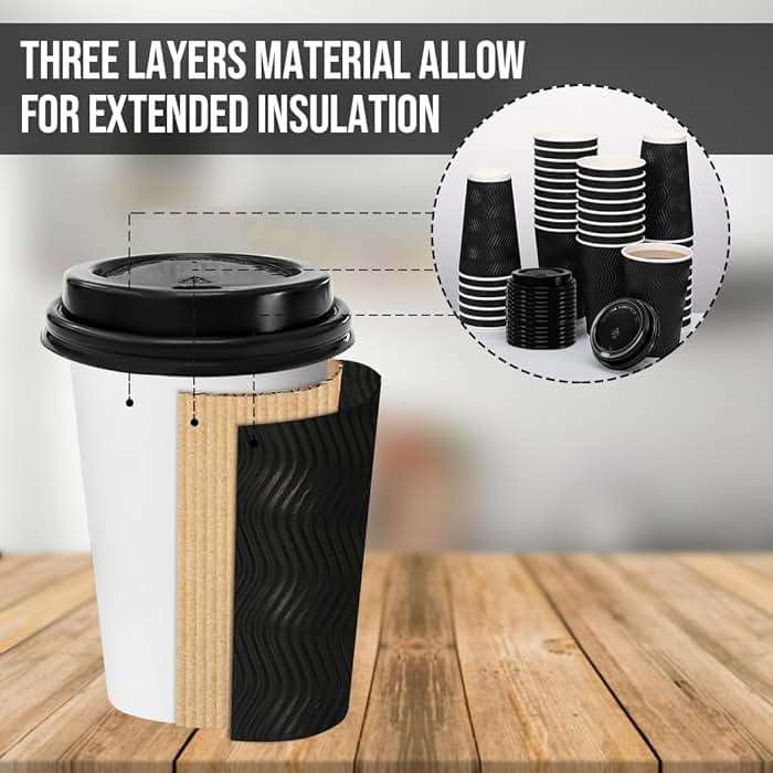 BYSNOW 100 Pack 16 oz Coffee Cups with Lids, Disposable Insulated Hot Cups To Go Paper Coffee Cups, Corrugated Ripple Wall Cup for Hot Drink, Office, Coffee Bar (Black 16 oz) - Image 4