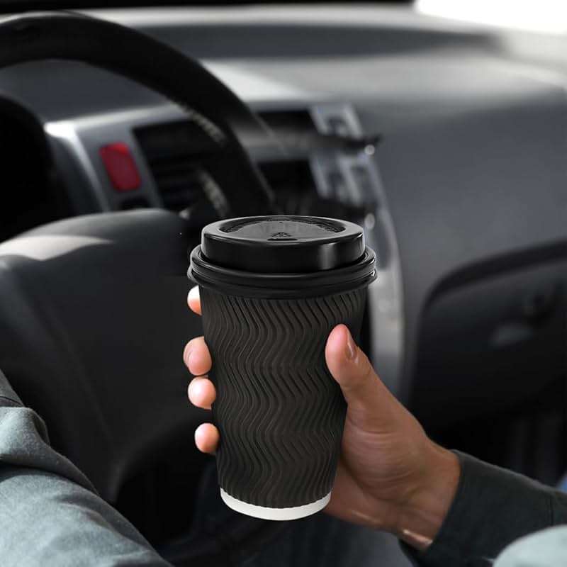 BYSNOW 100 Pack 16 oz Coffee Cups with Lids, Disposable Insulated Hot Cups To Go Paper Coffee Cups, Corrugated Ripple Wall Cup for Hot Drink, Office, Coffee Bar (Black 16 oz) - Image 6