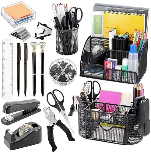 17 in 1 Black Desk Organizers and Accessories Set, 3 Office Desk Supplies Storage Organization, 4 Pens, Stapler, Staples & Remover, Tape & Dispenser, Scissors, Ruler, Clips, Hole Punch, Back to School - Image 1