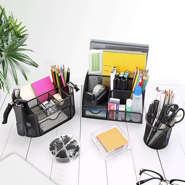 17 in 1 Black Desk Organizers and Accessories Set, 3 Office Desk Supplies Storage Organization, 4 Pens, Stapler, Staples & Remover, Tape & Dispenser, Scissors, Ruler, Clips, Hole Punch, Back to School - Image 2