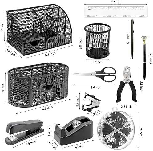 17 in 1 Black Desk Organizers and Accessories Set, 3 Office Desk Supplies Storage Organization, 4 Pens, Stapler, Staples & Remover, Tape & Dispenser, Scissors, Ruler, Clips, Hole Punch, Back to School - Image 3