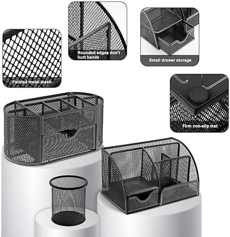 17 in 1 Black Desk Organizers and Accessories Set, 3 Office Desk Supplies Storage Organization, 4 Pens, Stapler, Staples & Remover, Tape & Dispenser, Scissors, Ruler, Clips, Hole Punch, Back to School - Image 4