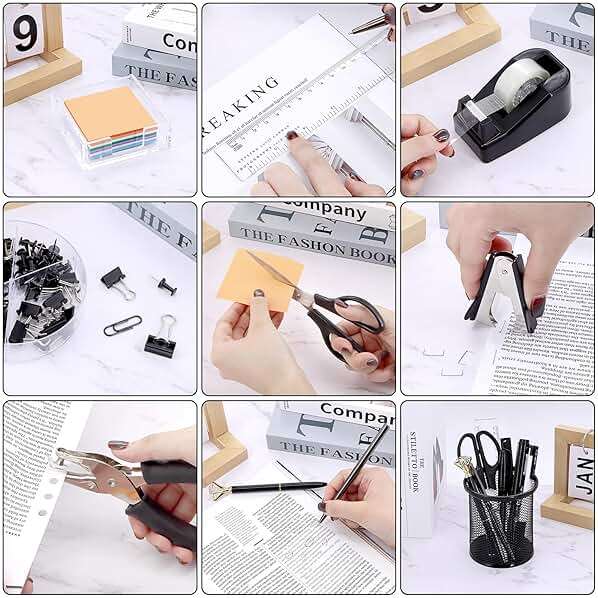 17 in 1 Black Desk Organizers and Accessories Set, 3 Office Desk Supplies Storage Organization, 4 Pens, Stapler, Staples & Remover, Tape & Dispenser, Scissors, Ruler, Clips, Hole Punch, Back to School - Image 6