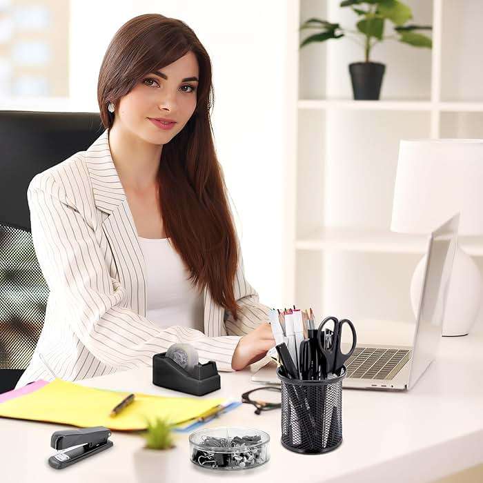 17 in 1 Black Desk Organizers and Accessories Set, 3 Office Desk Supplies Storage Organization, 4 Pens, Stapler, Staples & Remover, Tape & Dispenser, Scissors, Ruler, Clips, Hole Punch, Back to School - Image 8