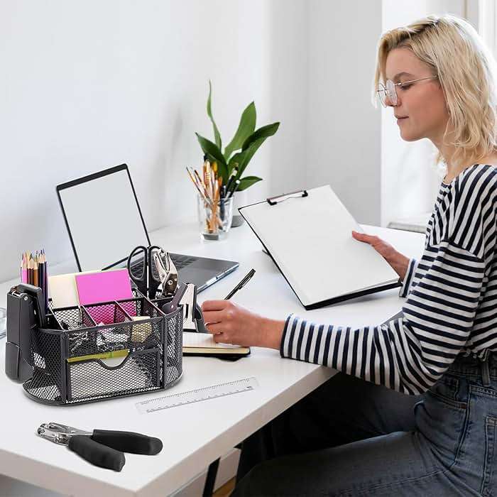 17 in 1 Black Desk Organizers and Accessories Set, 3 Office Desk Supplies Storage Organization, 4 Pens, Stapler, Staples & Remover, Tape & Dispenser, Scissors, Ruler, Clips, Hole Punch, Back to School - Image 9