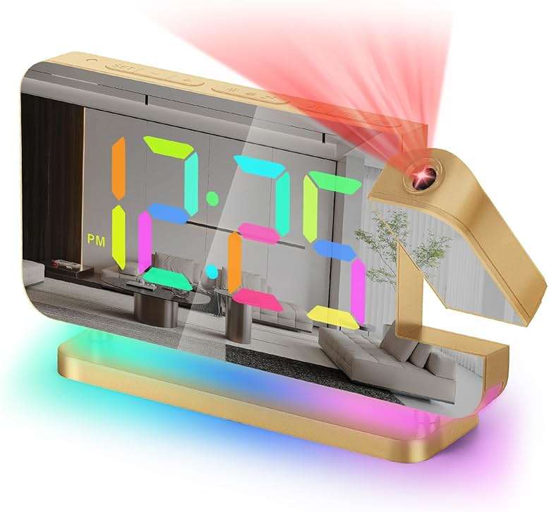 Poeroa Projection Alarm Clock for Bedroom,7.4" LED Mirror Digital Clock Large Display,with RGB Night Light,180° Rotatable Projector,USB C Port,Auto Dimmer, Loud Desk Clock for Heavy Sleeper - Gold - Image 1
