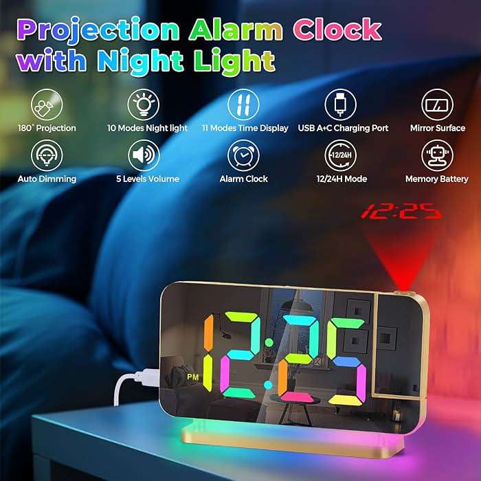Poeroa Projection Alarm Clock for Bedroom,7.4" LED Mirror Digital Clock Large Display,with RGB Night Light,180° Rotatable Projector,USB C Port,Auto Dimmer, Loud Desk Clock for Heavy Sleeper - Gold - Image 2