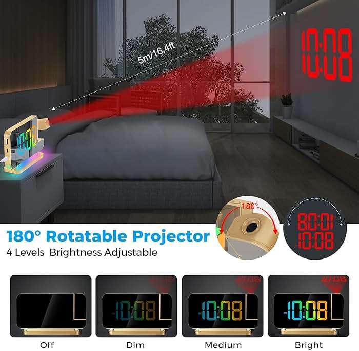 Poeroa Projection Alarm Clock for Bedroom,7.4" LED Mirror Digital Clock Large Display,with RGB Night Light,180° Rotatable Projector,USB C Port,Auto Dimmer, Loud Desk Clock for Heavy Sleeper - Gold - Image 3