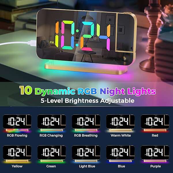 Poeroa Projection Alarm Clock for Bedroom,7.4" LED Mirror Digital Clock Large Display,with RGB Night Light,180° Rotatable Projector,USB C Port,Auto Dimmer, Loud Desk Clock for Heavy Sleeper - Gold - Image 4