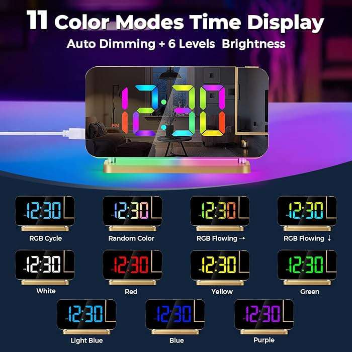 Poeroa Projection Alarm Clock for Bedroom,7.4" LED Mirror Digital Clock Large Display,with RGB Night Light,180° Rotatable Projector,USB C Port,Auto Dimmer, Loud Desk Clock for Heavy Sleeper - Gold - Image 5