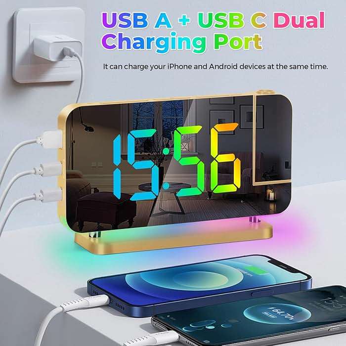 Poeroa Projection Alarm Clock for Bedroom,7.4" LED Mirror Digital Clock Large Display,with RGB Night Light,180° Rotatable Projector,USB C Port,Auto Dimmer, Loud Desk Clock for Heavy Sleeper - Gold - Image 6