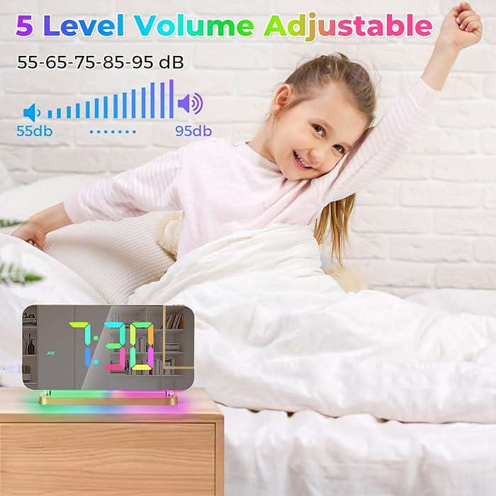 Poeroa Projection Alarm Clock for Bedroom,7.4" LED Mirror Digital Clock Large Display,with RGB Night Light,180° Rotatable Projector,USB C Port,Auto Dimmer, Loud Desk Clock for Heavy Sleeper - Gold - Image 8